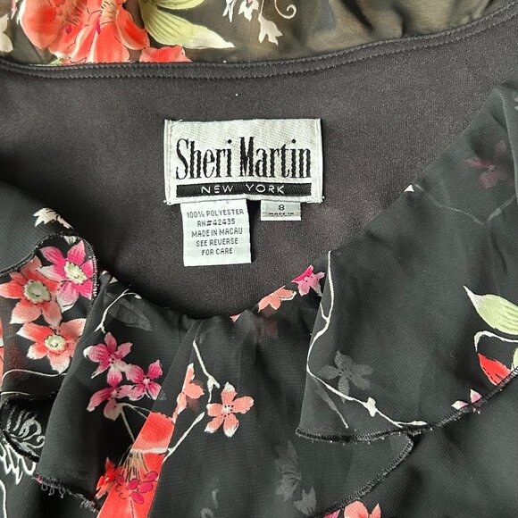 Vtg  Sheri Martin New York A-Line Midi black and pink florals dress women's S 8 - Picture 11 of 12